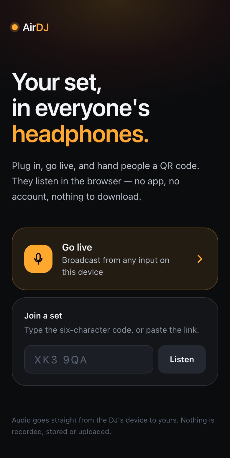AirDJ home: Go live, or join a set with a six-character code