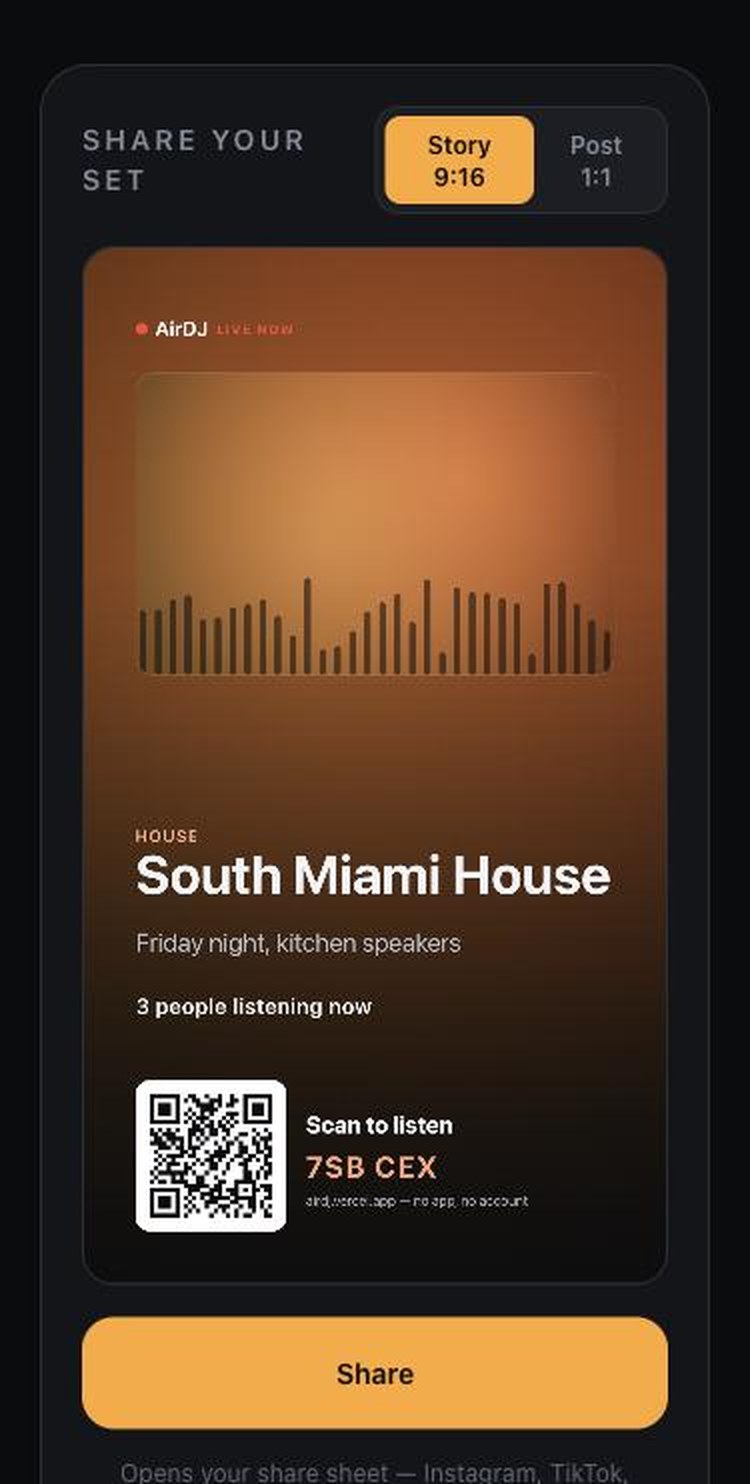 A live share card sized for Instagram Stories, with a QR code to listen