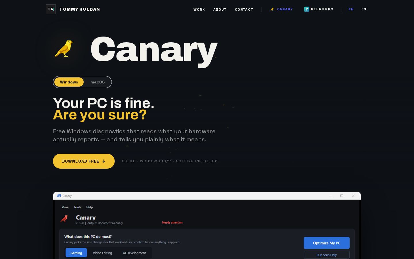 Canary , the live page at desktop width