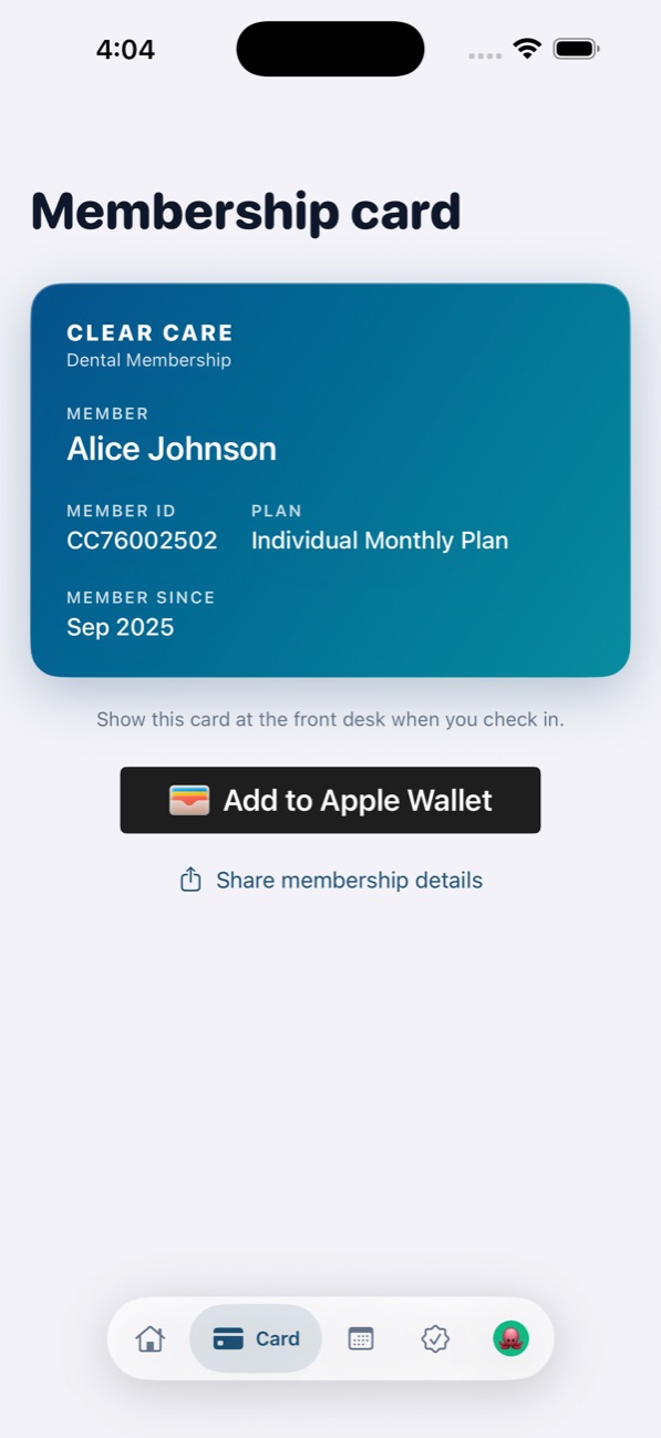 Membership card for the front desk