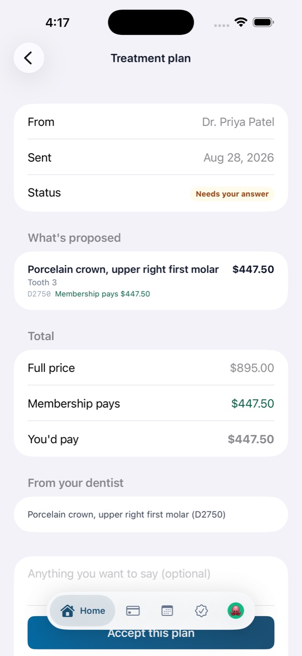 Treatment plan: what is proposed, what the membership pays, what you pay