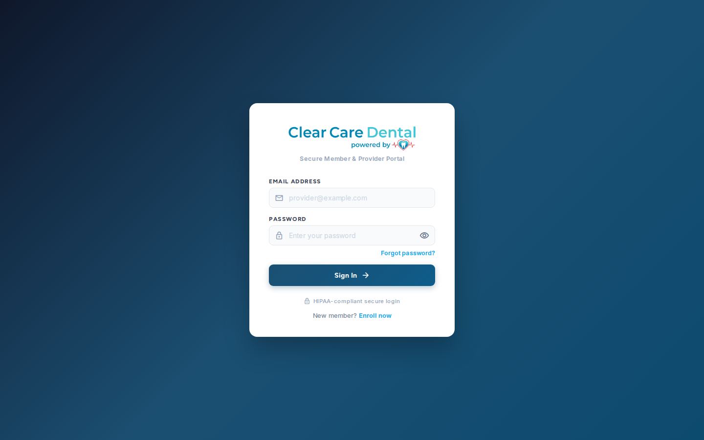 Clear Care Dental — the live app at desktop width