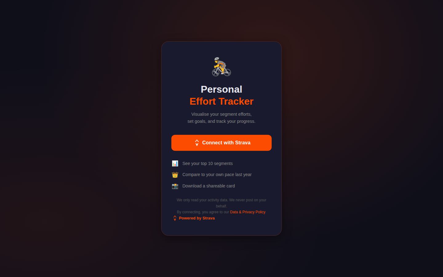 Personal Effort Tracker sign-in with Strava, at desktop width