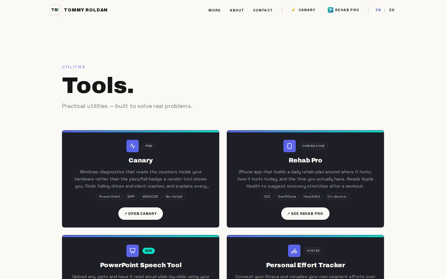 Tools page , the live site at desktop width
