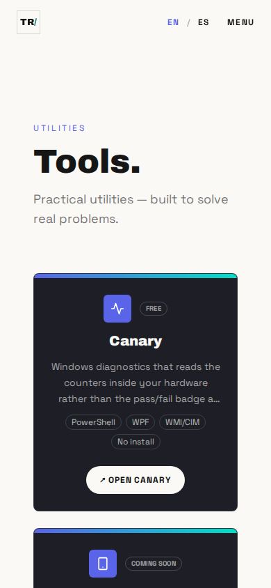Tools page , the live site on a phone