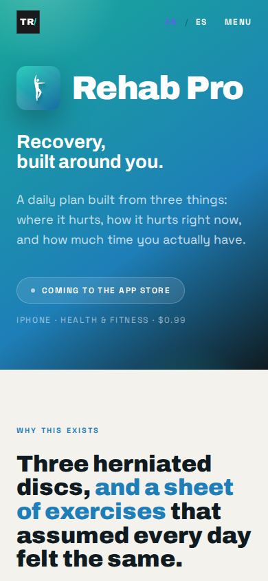 Rehab Pro — the live page on a phone