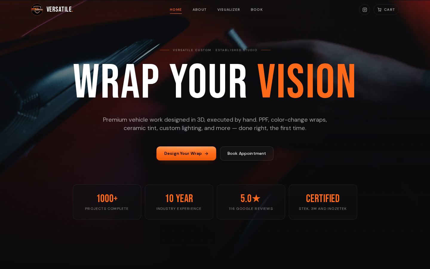 Versatile Customs — the live site at desktop width